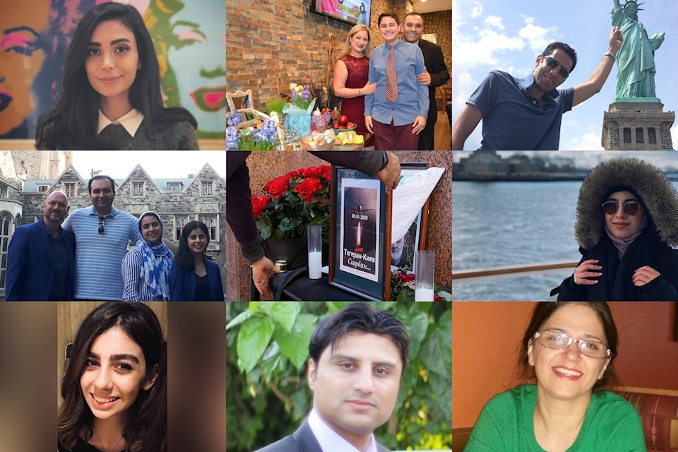 Clockwise from top left: Delaram Dadashnejad, Ardalan Evnoddin-Hamidi and Niloofar Razzaghi with son Hamyar Ebnoddin Hamidi, Mohammad Saket, Mohammad Asadi-Lari, Firouzeh Madani, Mehran Abtahi, Roja Omidbakhsh, and Zeynab Asadi-Lari. All 10 have been confirmed among the 176 passengers aboard a Ukrainian airplane killed in a crash in Iran in the early morning of Wednesday, Jan. 8, 2020. (Efteen)