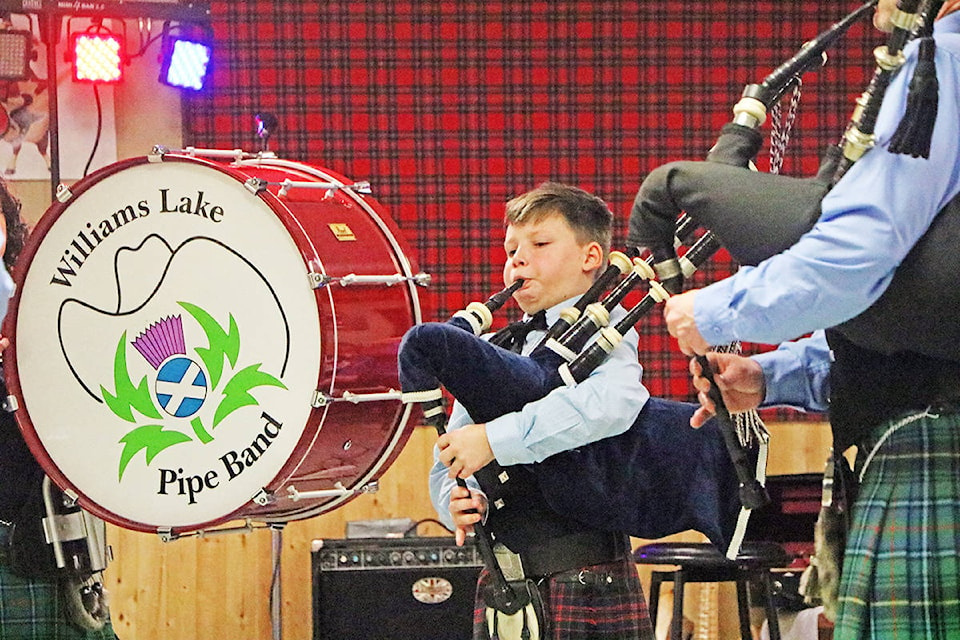 Declan Earnshaw made his official debut as a member of the Williams Lake Pipe Band on Saturday during the celebrations at Robbie Burns night. (Patrick Davies photo- Williams Lake Tribune)