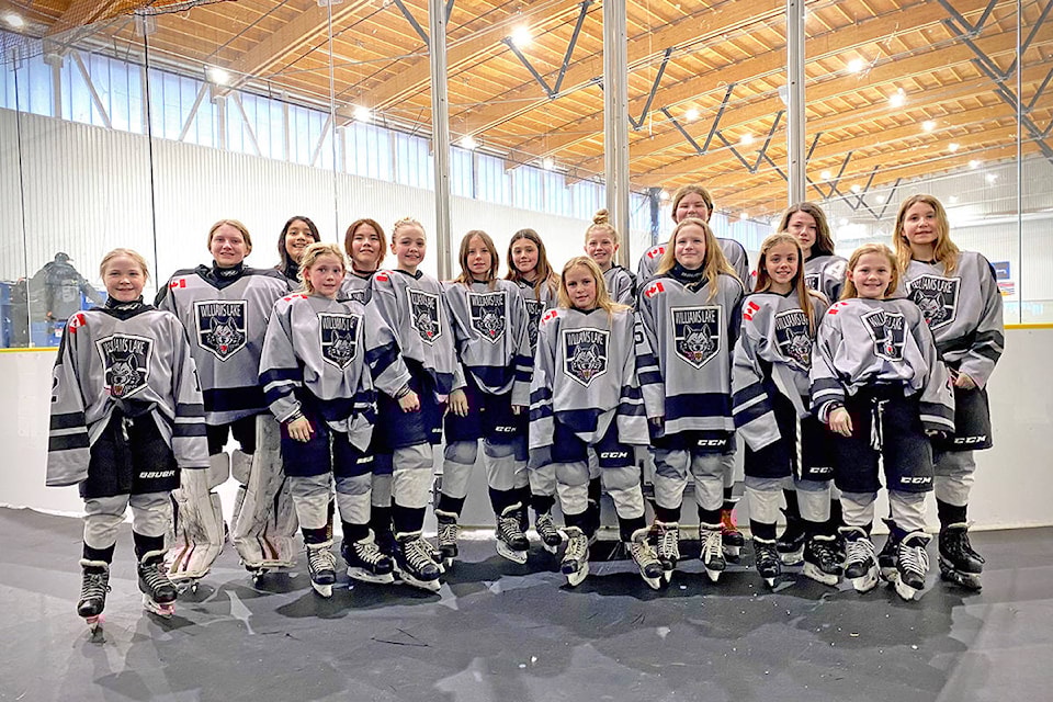 Williams Lake Peewee Female Timberwolves Sophia Macdonald (from left), Kaitlyn Brown, Devony Michel, Jada Wood, Danika Solomon, Reese Overton, Anna Fait, Izzy Smith Forzzani, Sofie Passeri, Kate Altwasser, Maddy Millership, Emma Koster, Poppy Watson, Calleigh Skerry, Sasha Fofonoff and Johanna Ketter took part in Surrey Wickfest last weekend. Coaches, not pictured, include head coach Lindsey Wood, Gerald Overton, Rick Skerry and Cassie Hogmann. (Jaymie Jones photo)