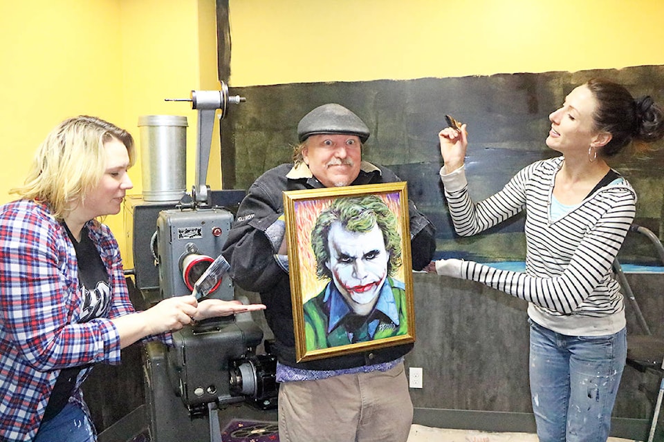 Sarah Sigurdon (from left) Dwayne Davis and Tiffany Jorgensen are all lending their artistic talents to Paradise Cinemas this year to create two beautiful murals celebrating the legacy of cinema. (Patrick Davies photo - Williams Lake Tribune)