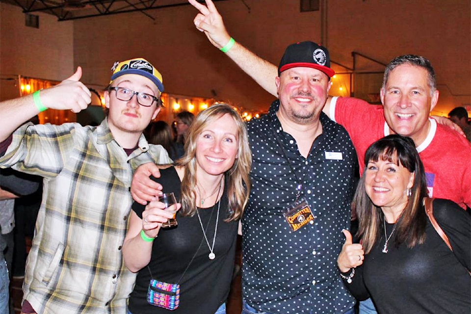 Lucas Walters (from left) enjoys a night of beer tasting with Alice Johnston, Chad Matthies, Nyree Alexander and Rob Schlamp at the annual Williams Lake Craft Beer Festival. (Cordell Wiebe photo)