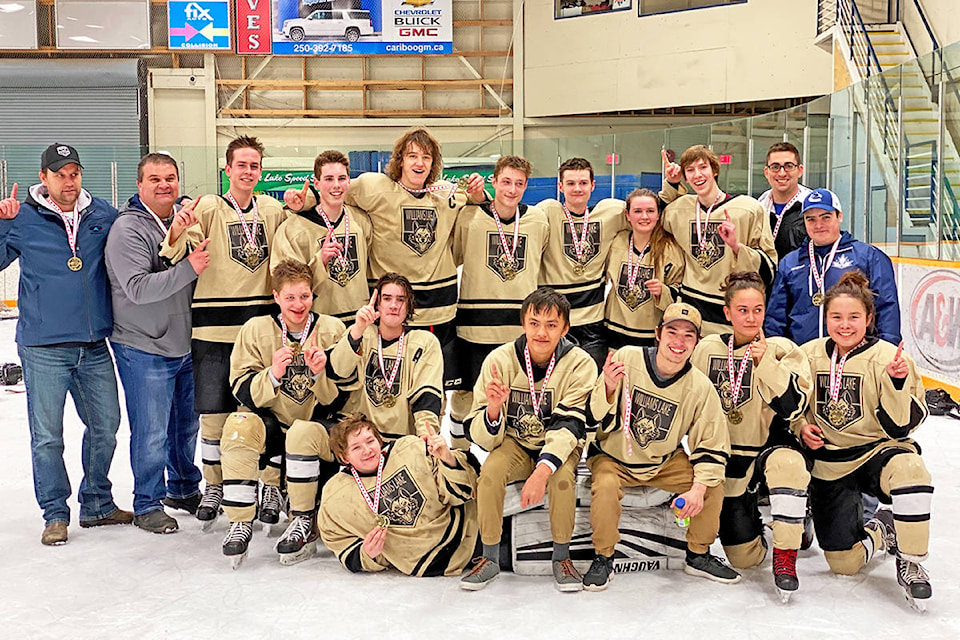 The Williams Lake Rope Rippers knocked off the Williams Lake Goon Squad 5-3 in the championship to win the Williams Lake Minor Hockey Association’s Midget House division Sunday. Pictured are assistant coach Kevin Sytsma (back from left), head coach Corwin Smid, Sam Fait, Ruan Koster, Adam Sytsma, Ben Bergmann, Gavin McKimm, Hailey Kitsul, Nathan Cisecki, assistant coach Taylor Callens, assistant coach Brady Smid, Nathan Kendrick (front from left), Ethan Smid, goaltender Carson Fisher, Landon Billyboy, Johnny Hance, Tianna Gilbert and Kristyna Stanislaus. Not pictured is Keira Mack. (Angie Mindus photo - Williams Lake Tribune)