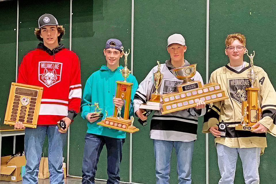In the WLMHA’s midget division Ty Robertson (from left), most sportsmanlike, Logan Rhodes, most improved, Aiden Herrling, most valuable and goaltender Carson Fisher, most inspirational, Darrel Ford Trophy, received accolades. (Angie Mindus - Efteen photos)