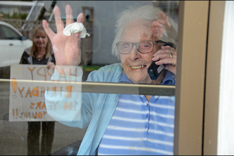 Dorothy Dewar turned 100 on April 30, 2020. Family members came to see her at Eden Care Centre in Chilliwack where they brought balloons, a sign, and they sang Happy Birthday. (Paul Henderson/ The Progress)