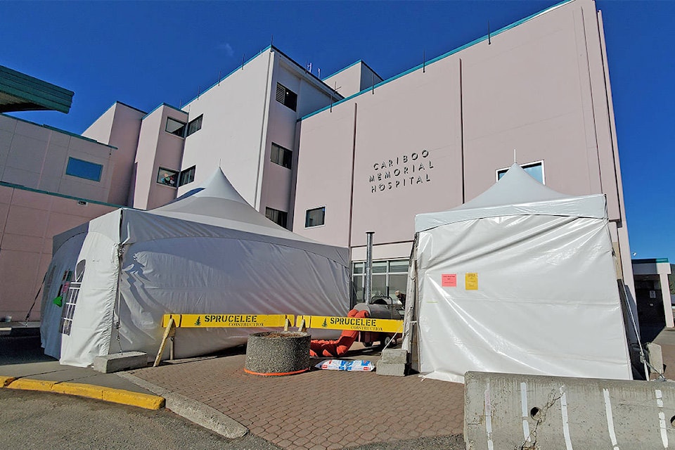 A COVID-19 testing tent is being erected outside Cariboo Memorial Hospital in Williams Lake Thursday morning. (Monica Lamb-Yorski photo - Williams Lake Tribune)