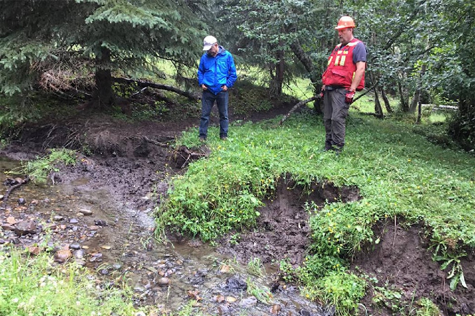 Mark Haddock, left, and Doug Wahl with the Forest Practices Board examine Woodjam Creek in the summer of 2018. (Forest Practices Board photo)