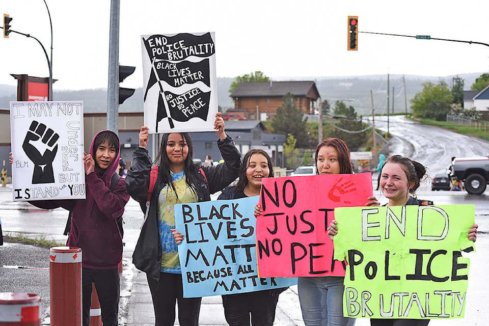 Protesters Parker Daniels (from left) Autumn Kaye, Lyndelle Kaye, Kaeelle Jeff and Cassidy McGladdery marched through the streeters of Williams Lake Friday, June 5, 2020 as part of a peaceful protest against racism. (Angie Mindus photos)
