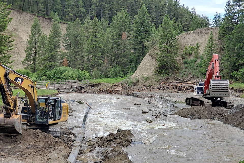 Work crews have just reached the area before the ‘ash tray’ about three kilometres from the Fraser River along Williams Lake Creek as the emergency response to flooding in the river valley continues. (Monica Lamb-Yorski photos - Williams Lake Tribune)