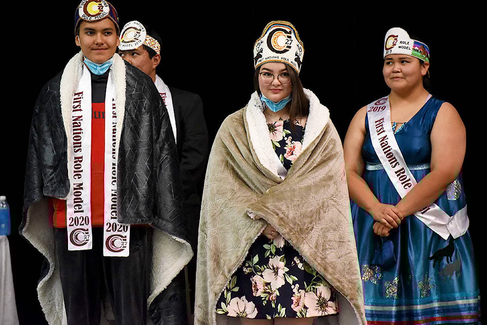 Morgan McKay and Wrenn Yano were cloaked in a blanket as per First Nations culture. (Angie Mindus photo - Efteen)