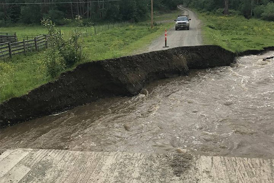 The Horsefly-Woodjam Road washed out at the Moffat Creek Bridge as seen here on July 4. (Dawson Road Maintenance photo)