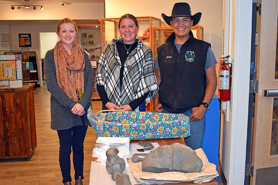 Museum of the Cariboo Chilcotin manager Alex Geris (left) with president Janice Sapp and Xeni Gwet’in Chief Jimmy Lulua. (Rebecca Dyok photo)