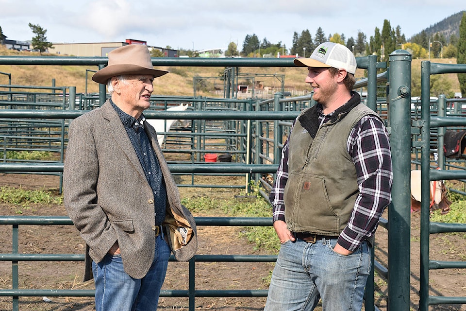 Brian Garland chats with Liam Dennison, a student in the Applied Sustainable Ranching program at Thompson Rivers University Williams Lake. (Rebecca Dyok photo)