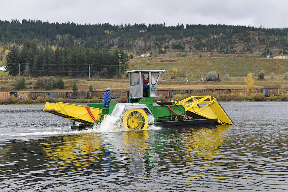 Williams Lake city crews tried out the new lake weed harvester from Scout Island Monday, Oct. 19. It cannot be used to harvest weeds until the City receives a permit from the Ministry of Environment. (Monica Lamb-Yorski photo - Williams Lake Tribune)