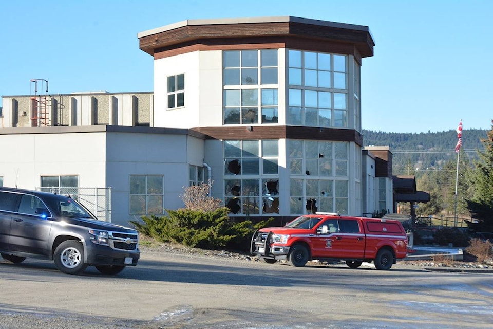 Williams Lake RCMP and Williams Lake Fire Department are investigating a suspicious fire at the Pioneer Complex early Sunday, Nov. 7, where two logging trucks and part of the building were damaged. (Monica Lamb-Yorski photo - Williams Lake Tribune)