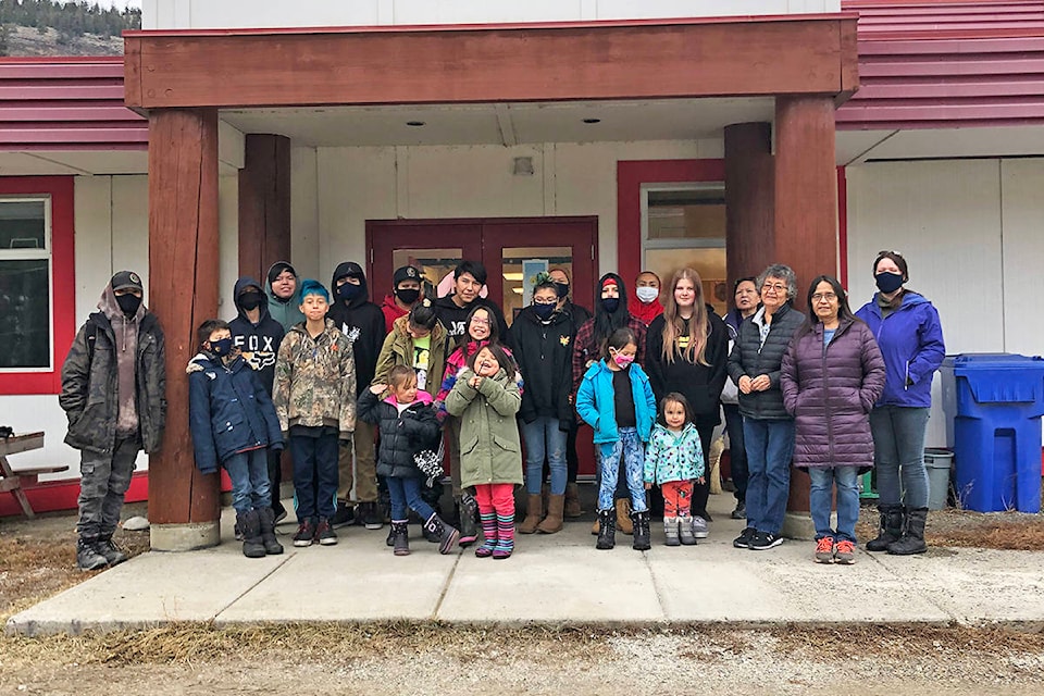 Dog Creek Elementary Junior Secondary School truly is the centre of the community at Stswecem’c Xgat’tem First Nation (SXFN), located in a semi-remote area on the the Fraser River, approximately 85 kilometers southwest of Williams Lake. Students and staff of the schools include (from left to right): Phennix Duncan, Kallum Sargent, Tyrese Tomma, Boss Harry, Quallen Tomma, Conner Robbins, Ethen Wycotte, Keisha Harry, Daniella Hance, Antoine Harry, Sage Boston, Mia Azak, Soraya Harry, Aaliyea Sargent, Tavi Harry, She-Ki Harry, Liane Azak, Lisa Samson, Maryeh (?), Emma Azak, Helen Harry, Lilian Harry, Louise Harry and Bradi Azak. (Photo submitted)