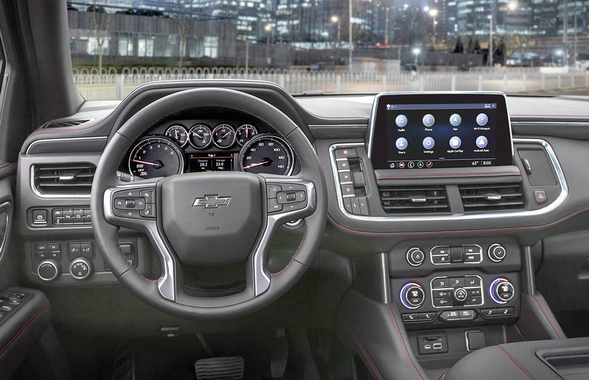 Pop quiz: Whats missing from this picture? If you said the column-mounted gear selector, you would be correct. That item has been replaced with a row of buttons running alongside the standard 10.2-inch touch-screen. PHOTO: CHEVROLET