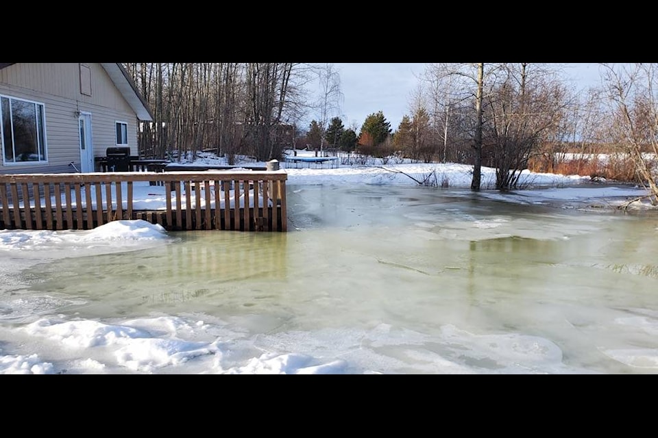 Vanderhoof home sees water from the Nechako move up into the yard, and within hours, water was seen up to the deck. Ken Young, Vanderhoof councillor posted this photo on social media.