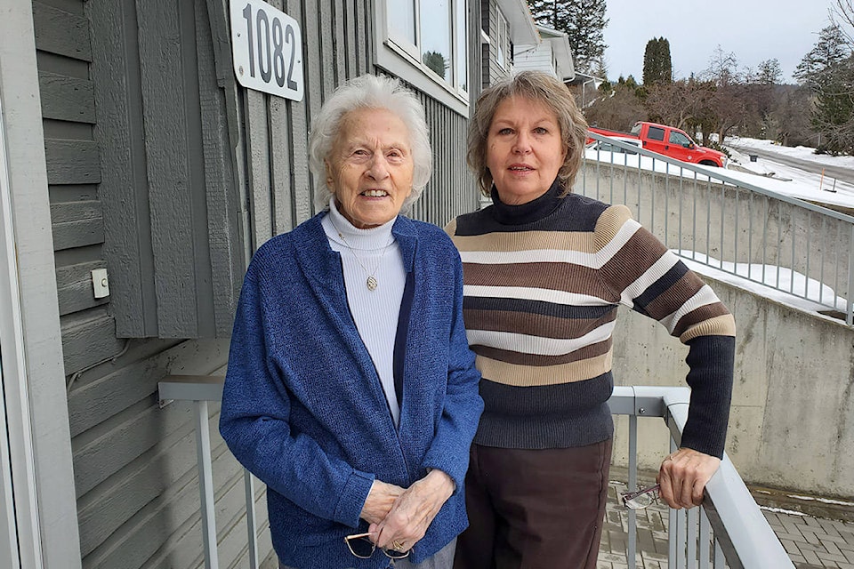 Lotte Obergfell of Williams Lake, left, will be celebrating her 100th birthday on March 10, 2021, at home with her daughter Christa Obergfell who she has lived with since 1998. (Monica Lamb-Yorski photo - Efteen)