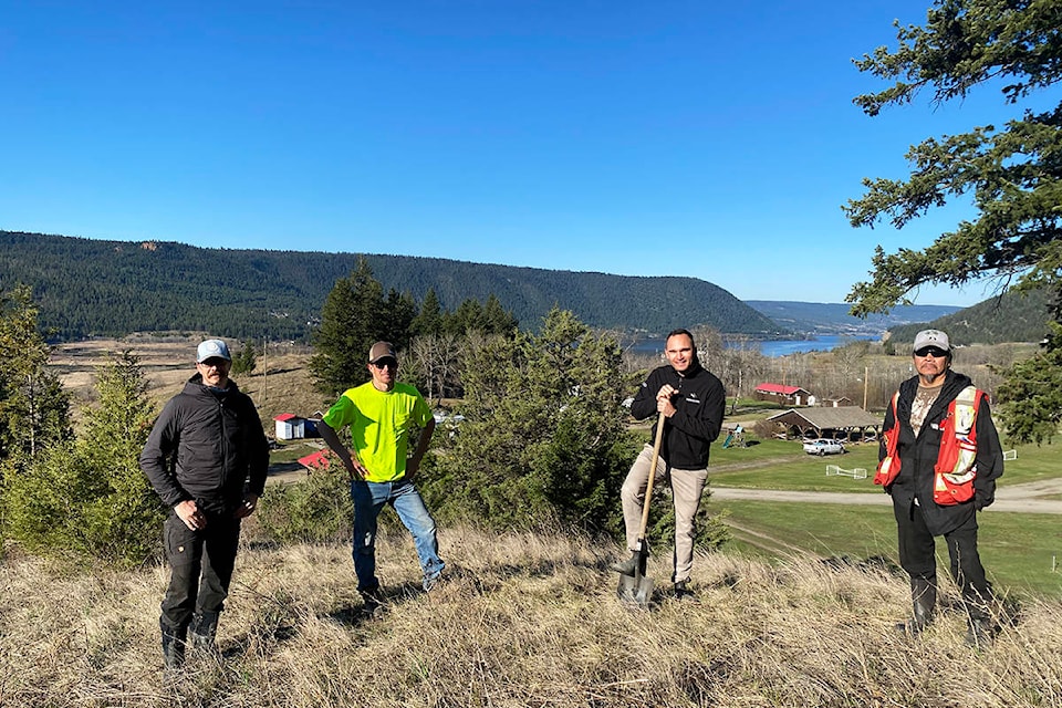 First Journey Trails CEO Thomas Schoen (from left), Jimco Services’ James Doerfling, Williams Lake First Nation Chief Willie Sellars and Sugar Cane Archaeology’s Marvin Bob break ground on a new mountain biking trail network project at WLFN. (Angie Mindus photo - Williams Lake Tribune)