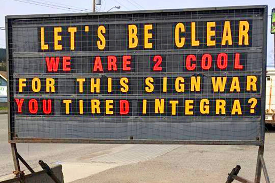 Cool Clear Water on Mackenzie Avenue posted a sign on its board for its neighbour, Integra Tire. (Photo submitted)