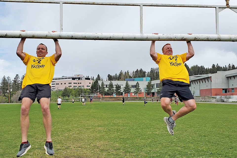 Williams Lake RCMP Cpl. Fraser Bjornson, left, and Const. Dan Cohen train for an upcoming KidSport fundraiser. (Monica Lamb-Yorski photo - Efteen)