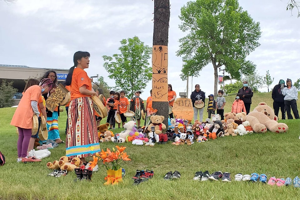 Staff and students from Williams Lake First Nation’s Little Chiefs Primary School offered songs and gifts at an Every Child Matters site in Herb Gardner Park in Williams Lake on Friday, June 4. (Monica Lamb-Yorski photo- Williams Lake Tribune)