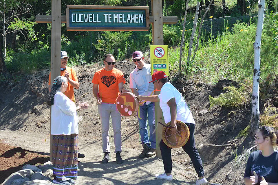 Elder Edith Wycotte, left, Thomas Schoen, Chief Willie Sellars, James Doerfling, David Archie and Arial Billyboy officially open the Cucwell Te Melamen trail. (Monica Lamb-Yorski photo - Efteen)