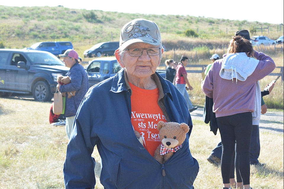 William Johnson, sets out to walk from the former site of the St. Joseph’s Mission Residential School and home to Esk’etemc on Friday, Aug. 20. (Monica Lamb-Yorski photo - Williams Lake Tribune)