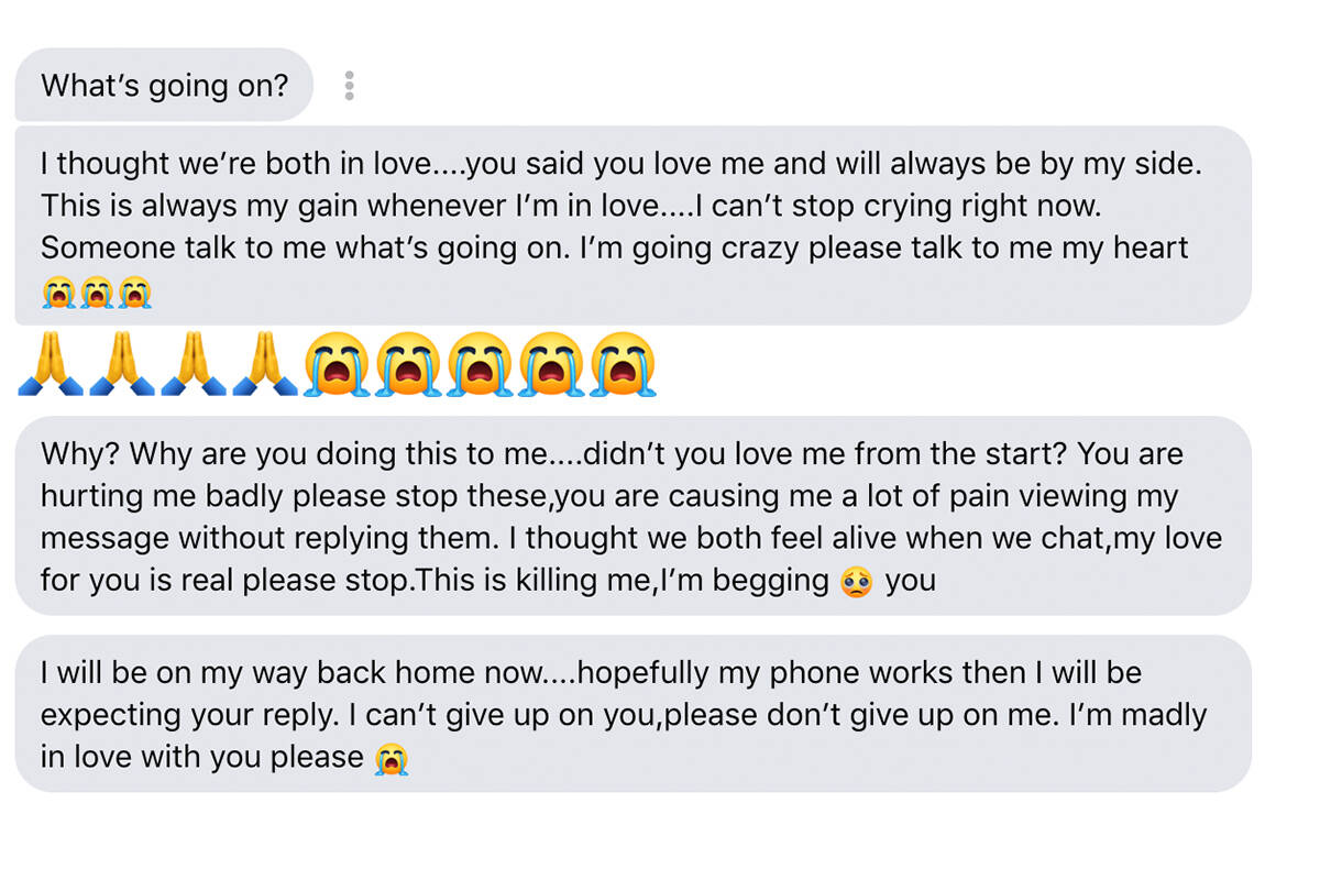 Sent to Andrea DeMeer, Oct. 14, seven days after the romance began and four hours after the gift cards were promised but not sent. Scammer then blocked on Messenger.