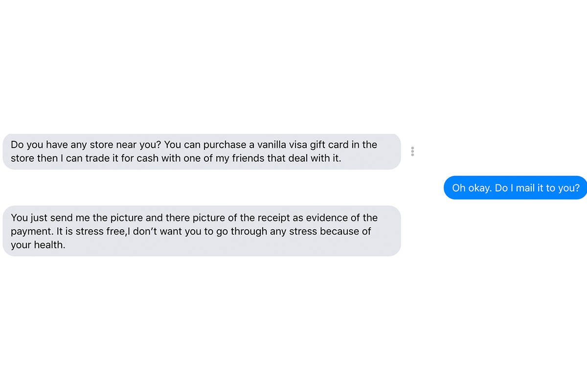 Sent to Andrea DeMeer Oct. 14, six days after first contact with scammer.