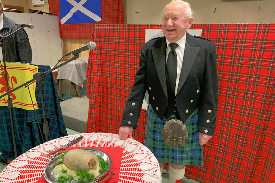 Doug White recited the Address to a Haggis as part of the Robbie Burns Supper hosted by the Royal Canadian Legion Branch 139 on Jan. 22, 2022. (Ruth Lloyd photo - Williams Lake Tribune)