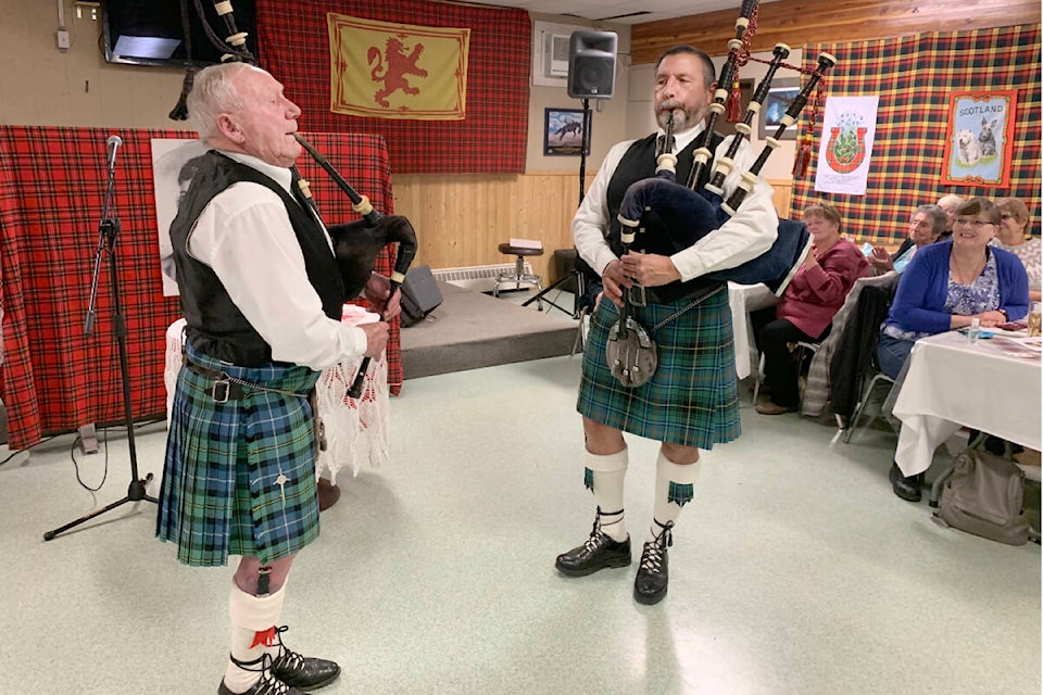 Doug White and Aubrey Jackson played some bagpipes in their kilts as part of the Robbie Burns Supper hosted by the Royal Canadian Legion Branch 139 on Jan. 22, 2022. (Ruth Lloyd photo - Efteen)