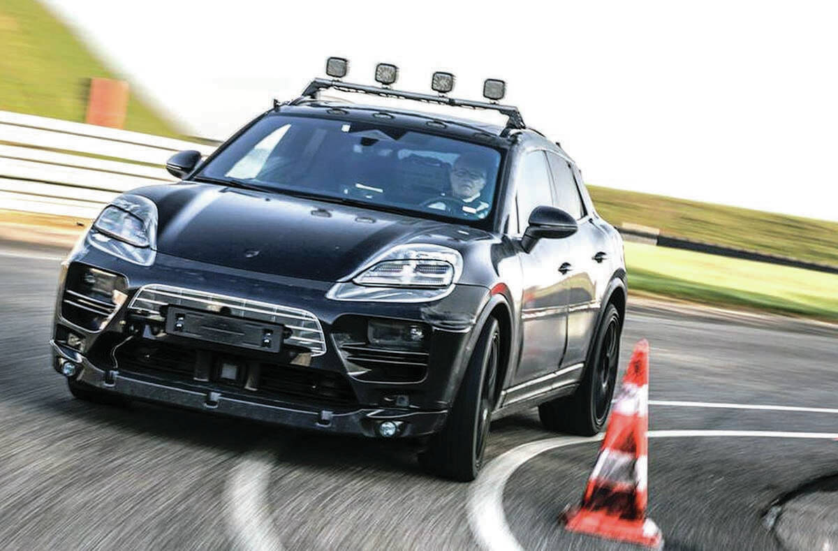 The Porsche Macan electric crossover is still undergoing development. Like the Taycan sedan, the Macan (it will likely have a different name when in hits the streets) uses an 800-volt electrical system that allows rapid charge and discharge of the batteries. PHOTO: PORSCHE