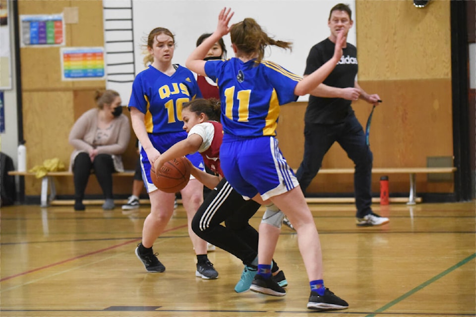 A Falcons player tries to make her way to the basket during a game in Williams Lake February 25. (Ruth Lloyd photo - Williams Lake Tribune) Falcons player Saraya Lothrop, with the ball, tries to make her way to the basket during a game in Williams Lake at the Lake City Secondary - Columneetza campus gym February 25. (Ruth Lloyd photo - Williams Lake Tribune)