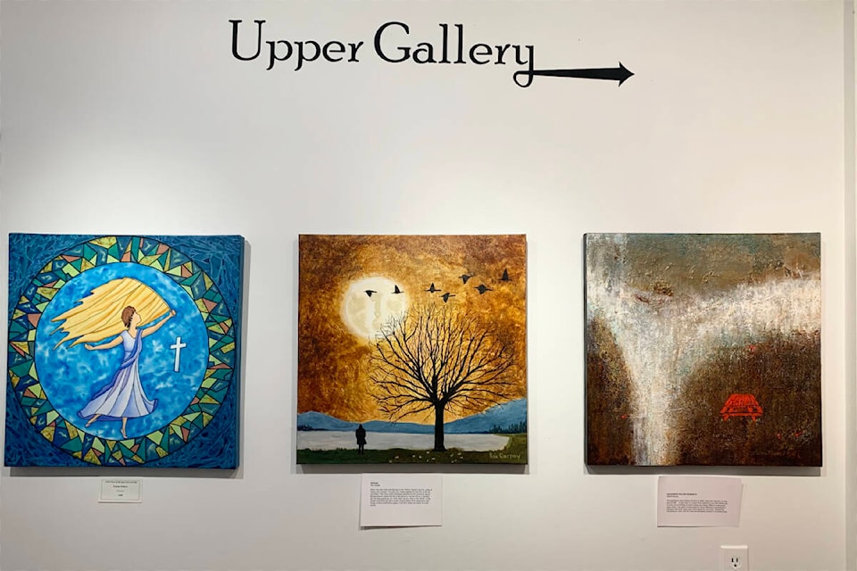 Three of the pieces up at the Station House Gallery for the show Aging, Art and the Modern Elder (Ruth Lloyd photo - Williams Lake Tribune)