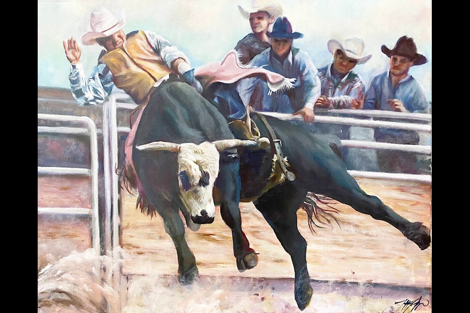 A painting of the late Tsilqhot’in bull rider Bruce Myers of Yunesit’in is depicted on this year’s Williams Lake Stampede poster created by local artist Tiffany Jorgensen. (Tiffany Jorgensen photo)