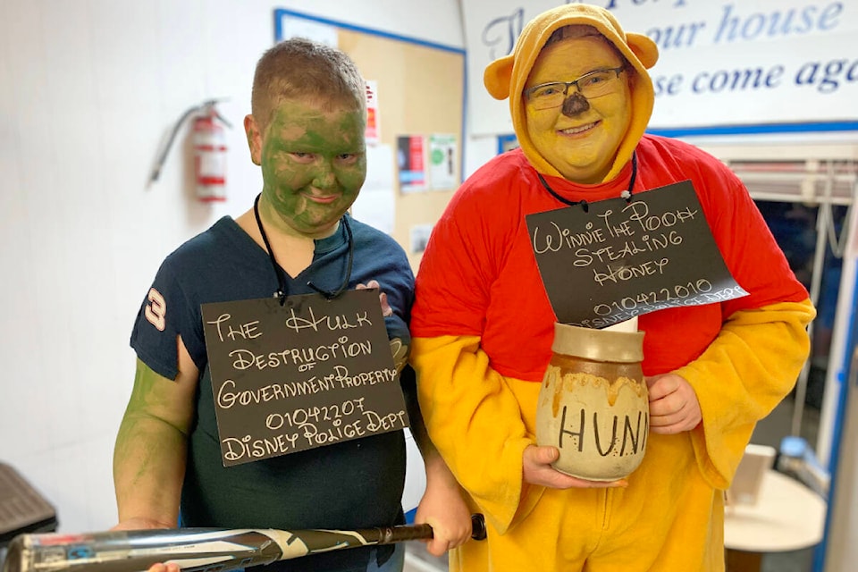 The Incredible Hulk (aka Matthias Westwick) and Winnie the Pooh (aka Annaka Westwick) were part of the team Disney Gone Bad, who came out on Friday night to Bowl for Kids’ Sake. (Ruth Lloyd photo - Williams Lake Tribune)