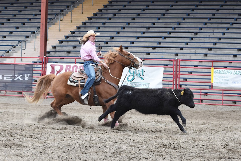 Adella Dyck of Williams Lake competes in the seniors barrels at the Williams Lake Spring Rodeo on Saturday, April 30, for a time of 20.858. (Monica Lamb-Yorski photo - Efteen)