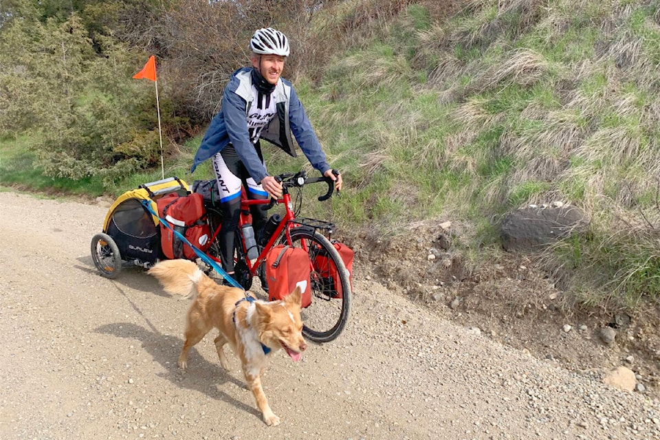 Remi Vande Weghe and his dog Maya were setting out for Dog Creek on April 30, 2022 from Williams Lake, as part of a tour through western Canada back home to Quebec. (Ruth Lloyd photo - Williams Lake Tribune)