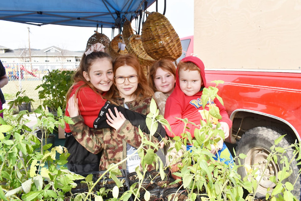 Sienna Kalashnikoff, 10, along with her cousins Amira Magnusson, 9, Ava Magnusson, 11, and Dean Magnusson, 5, proudly display some of the plants they were selling at Seedy Saturday and Early Bird Farmers’ Market, April 30 in Williams Lake. Read more about the event on page A11. (Monica Lamb-Yorski photo - Williams Lake Tribune)