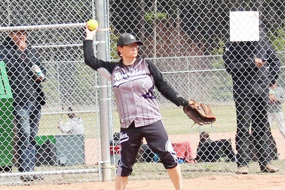 Rowdies player Karen Yaworski throws the ball during the Williams Lake Slo-Pitch League Icebreaker tournament. (Liona Godin photo)