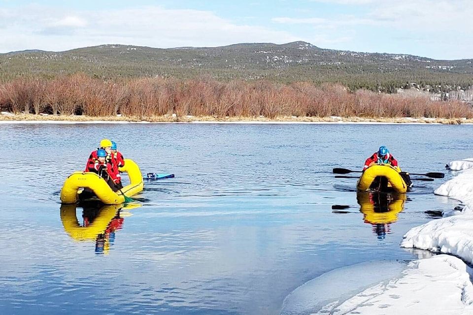 West Chilcotin Search and Rescue members hone ice water rescue skills on Martin Lake. (Selma Padgett photo)