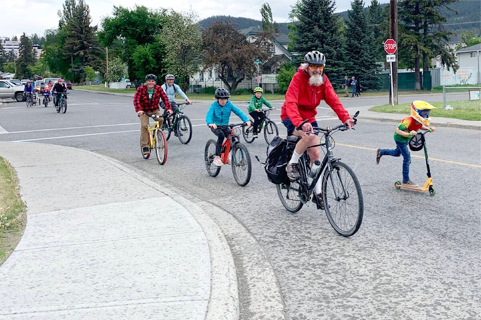 Cyclists ride through Williams Lake on June 3 to create a safe space for cyclists, including children, as part of GoByBike Week to help promote active transportation and infrastructure. (Ruth Lloyd photo - Williams Lake Tribune)