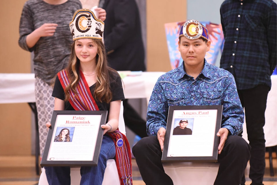 Paige Romaniuk and Angus Paul are crowned as the Indigenous role models for School District 27 at a ceremony on June 8 in Williams Lake. (Ruth Lloyd photo - Williams Lake Tribune)