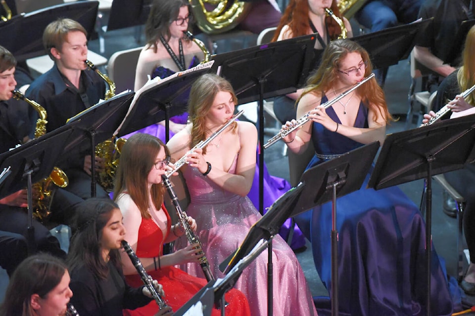 Band students at their final concert, some their final high school concert ever. Adam Combs, back row, from left, and Austin DeDood. In front row from left, Iknoop Bassi, Veronica Keats, Jessica Tritten and Kianna Davis. (Ruth Lloyd photo - Williams Lake Tribune)