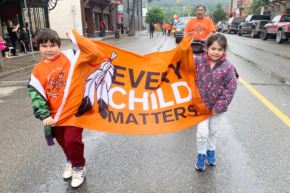 Floats filled with kids were a main feature in the parade for National Indigenous Peoples Day through downtown Williams Lake the morning of June 21, 2022. (Ruth Lloyd photo - Williams Lake Tribune)