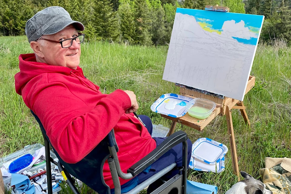 Richard ‘The King’ Brodeur gets started on a plein air painting of Williams Lake, one of the pieces which will be included in the hockey-player-turned-artist’s show in July at the Station House Gallery. (Anne Brown photo)