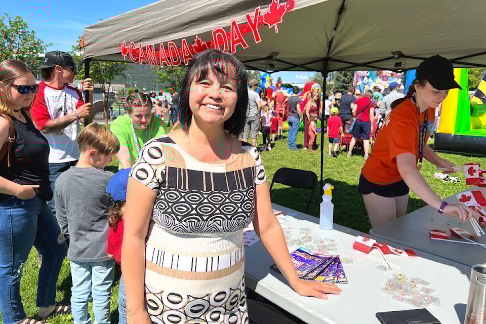JoAnne Moise of the Williams Lake First Nation gave an inspiring speech to open Canada Day celebrations in Williams Lake. (Angie Mindus photo - Efteen)