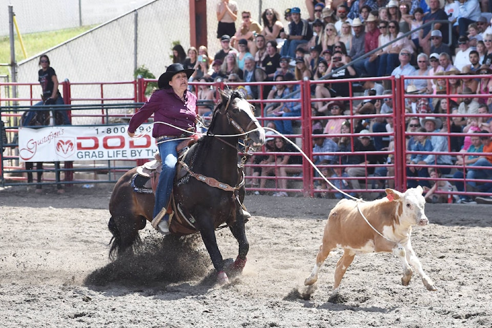 Denise Swampy of Williams Lake competes in the Ladies Break-Away Roping Saturday, July 2 at the Williams Lake Stampede. (Monica Lamb-Yorski photo - Williams Lake Tribune)