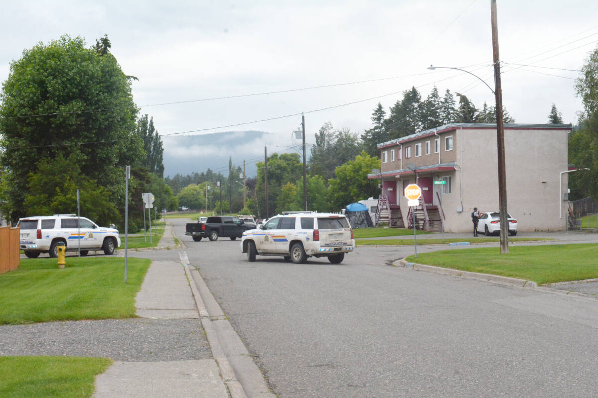 There is a heavy RCMP presence near Smedley Street at Tenth and Eleventh Avenue Sunday morning at 7:45 a.m., July 10. (Monica Lamb-Yorski photo - Williams Lake Tribune)